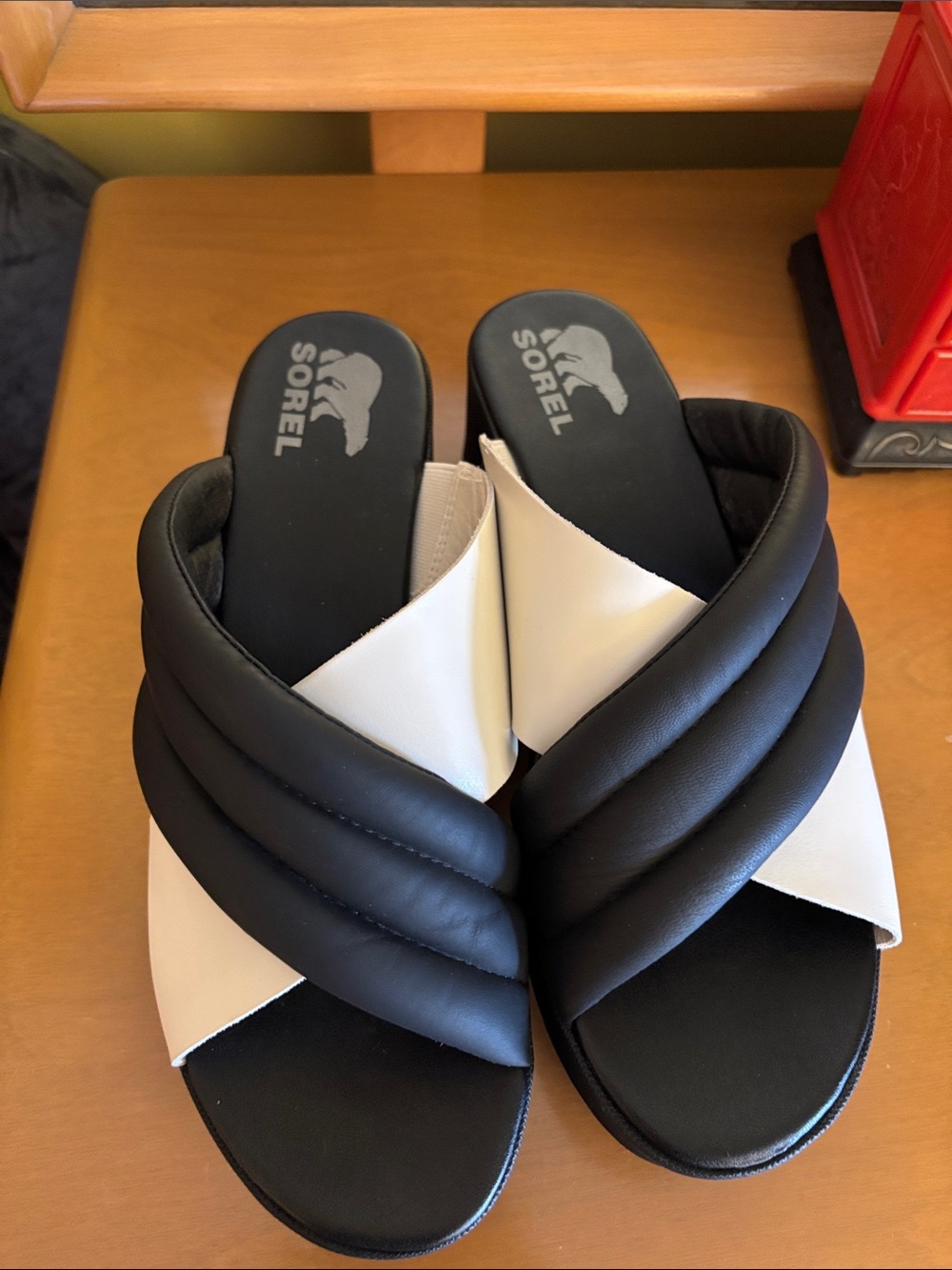 Sorel Black & White Padded Crossover Slide Mules